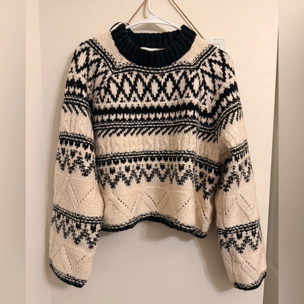 H&M Black and Cream Geometric Knit Turtleneck Sweater
